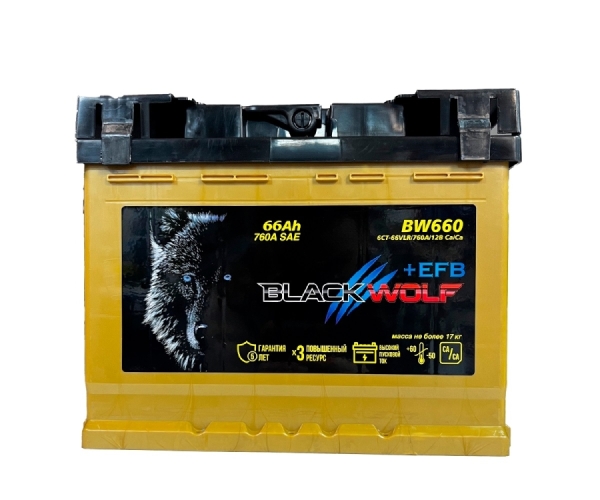 Аккумулятор, Black Wolf 066111K01BW EFB, 66 Ah, 760 А, обратная полярность